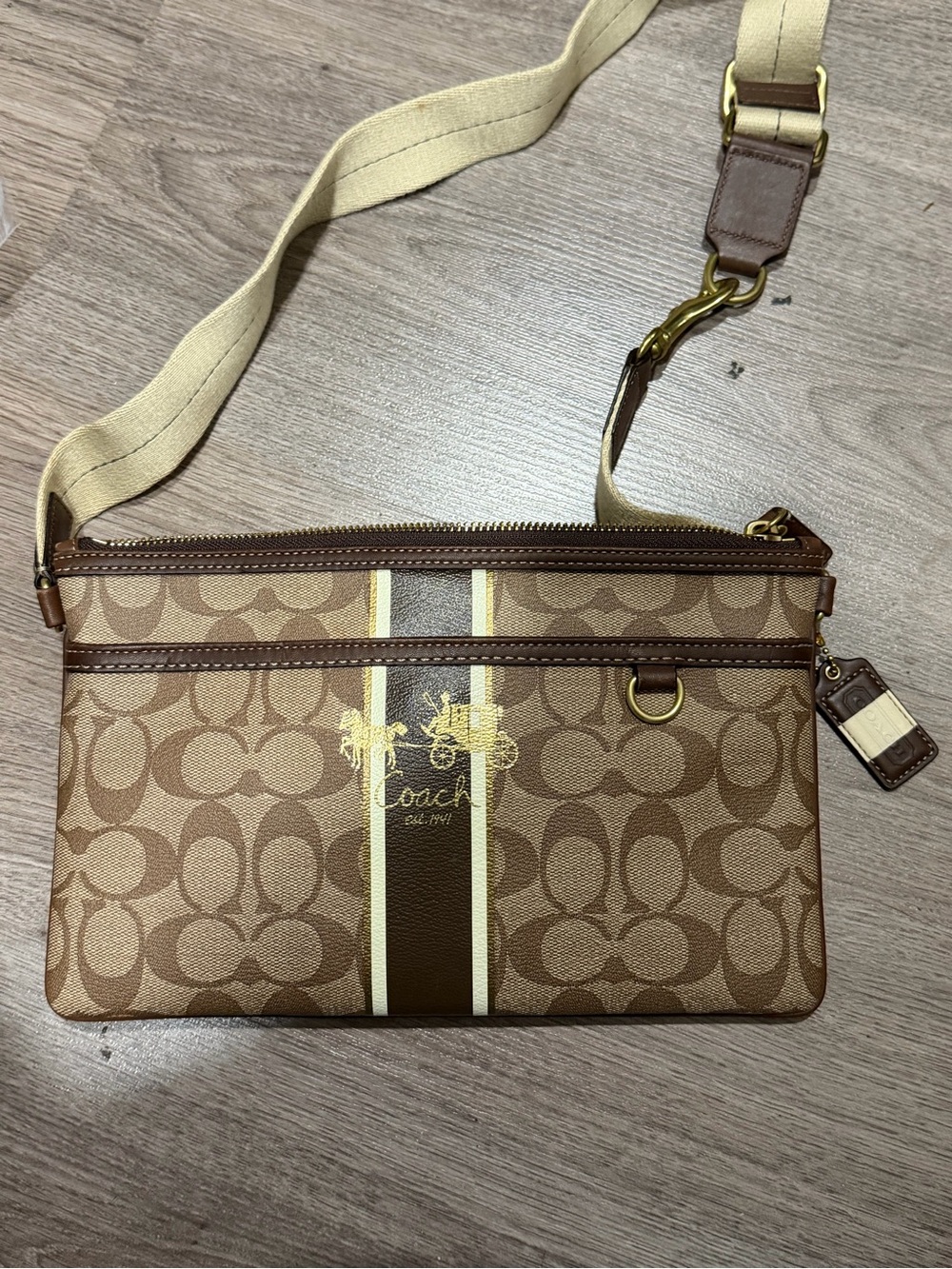 Coach Brown Signature Stripe Crossbody with Gold Accents